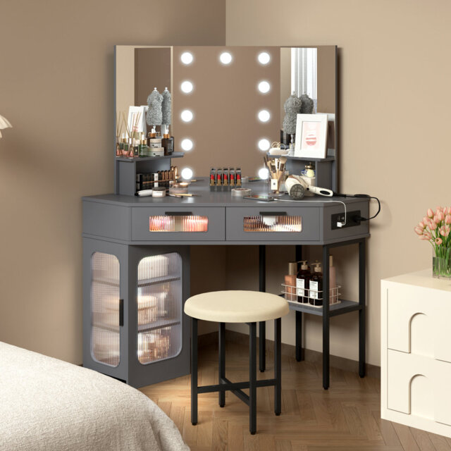 Dressing Table with Motion Sensor 3-colour lighting, Charging Socket, Storage Drawers and Stool