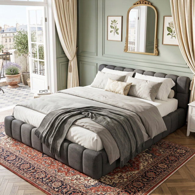 Multi-Sizes EU & UK Upholstered Bed, Modern Cloud Bed Frame with Padded Flange Edge & Embedded Design, Beige/Grey Linen