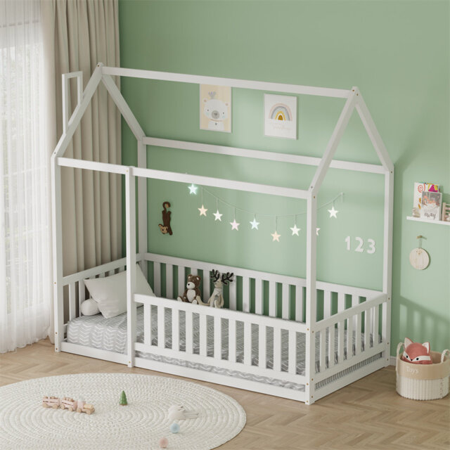 Furniturehmd Wooden Children’S House Bed Frame With Fall-Out Protection,Solid Pine Wood Kids Bed,90X190cm