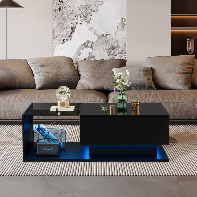 Led Coffee Table With Glass & Drawer, High Gloss Center Table For Living Room