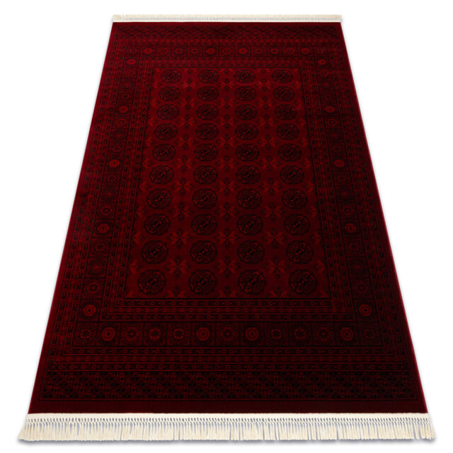 Luca 6889 – Classic Bukhara rug with fringes in burgundy & black – Lucaal rug with frame pattern