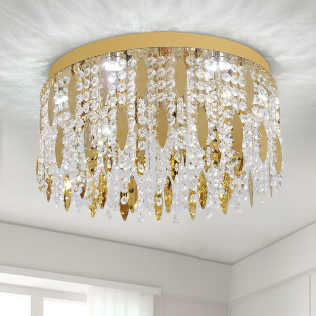 "Gold 15.7"" Crystal Chandelier Modern LED Ceiling Light For Bedroom, Kitchen, Hallway, Dining Room, Tri-Color Temperatures"