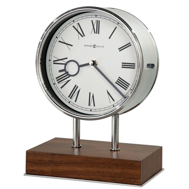 Modern & Contemporary Roman Numeral Walnut Quartz Movement / Crystal Tabletop Clock in Chrome/Walnut
