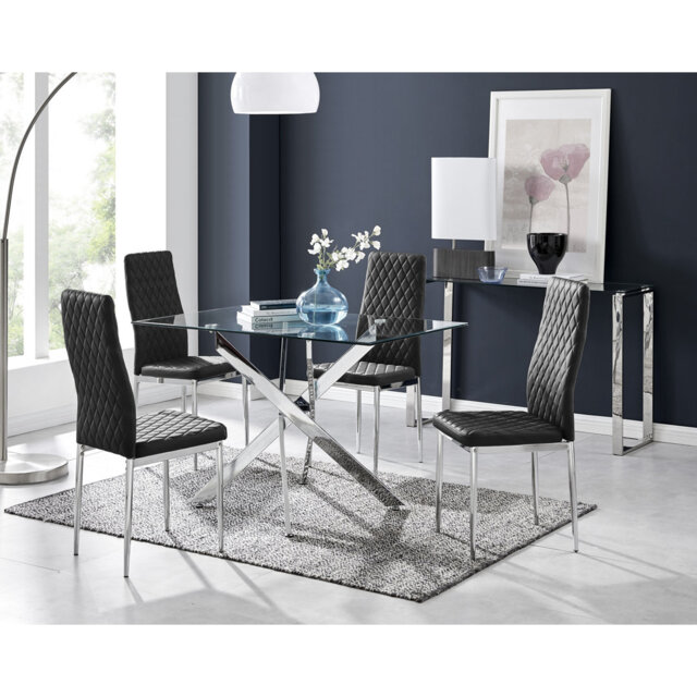 Lenworth Glass Rectangular Dining Table Set with 4 Quilted Velvet Dining Chairs
