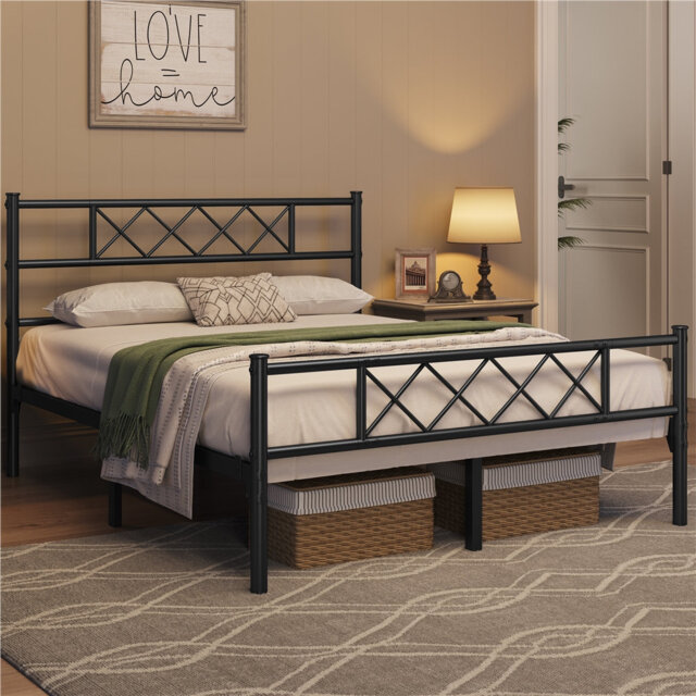 Modern Metal Bed Frame with Cross-design Headboard & Footboard
