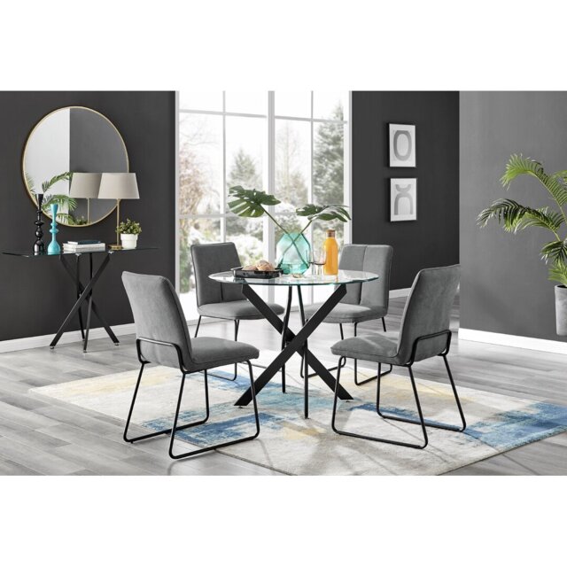 Tierra Modern Glass & Metal Round Dining Table Set & 4 Luxury Fabric Dining Chairs