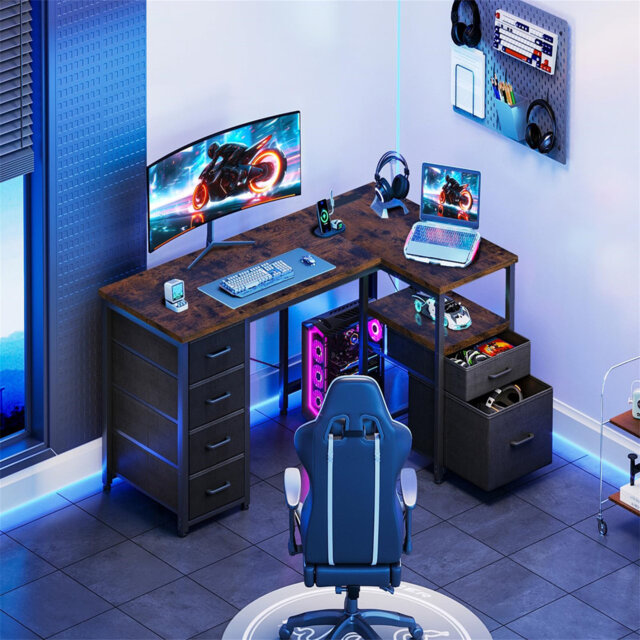 Corner Computer Desk With 1 Filing Cabinet And 5 Linen Drawers, L-Shaped Desk With Power Outlets