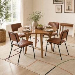 Drea Round Soild Wood Dining Table With 4 Tan Dorsey Chairs - Farmhouse Style