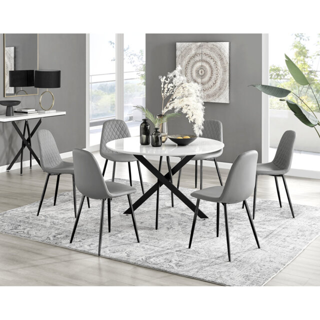 Tierra Modern Metal & Glass Round Dining Table Set with 6 Luxury Faux Leather Chairs