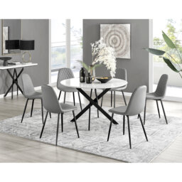 Tierra Modern Metal & Glass Round Dining Table Set with 6 Luxury Faux Leather Chairs