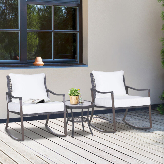 3 Piece Rattan Bistro Set Brown Wicker Garden Furniture with Rocking Chairs and Round Glass Top Coffee Table Cushions for Outdoor Porch Balcony