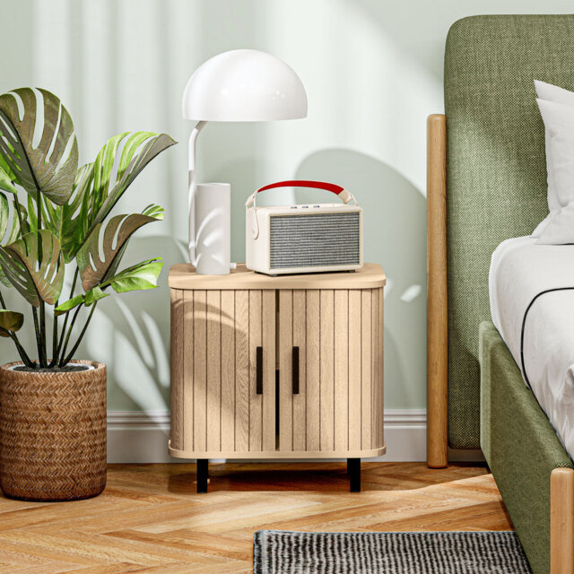 HOMCOM Bedside Table with Roller Shutter Style Sliding Doors Oak Tone