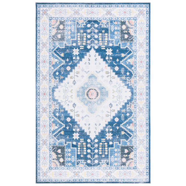 Arizona Bohemian Machine Washable Non-Slip Area Rug in Navy & Ivory