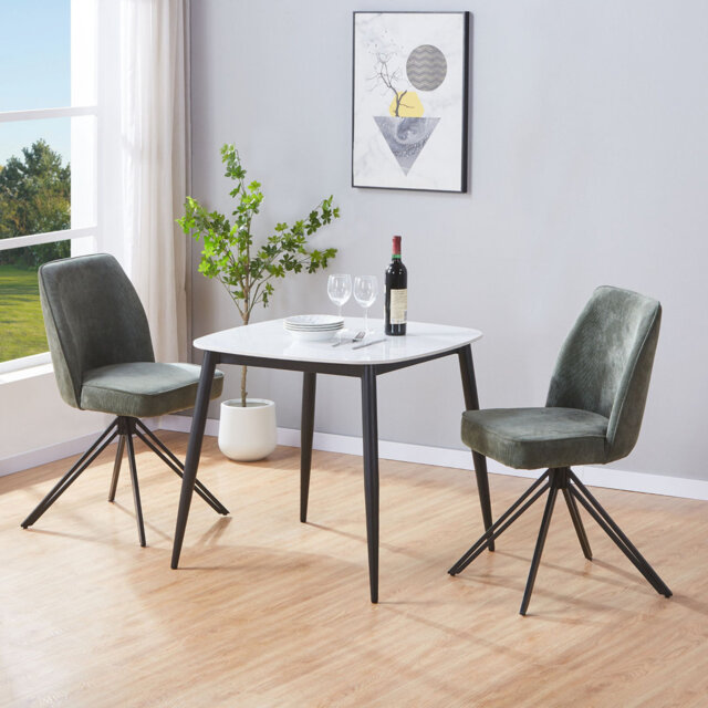 Aspen Gloss White Sintered Stone Square Table with 2 Swivel Upholstered Fabric Chairs - Modern Dining Set