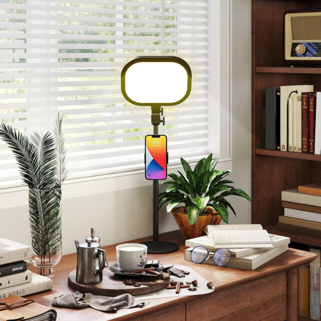 Selfie Light for Video Conference Lighting, Dimmable Desk Lamp with Stand Phone Holder