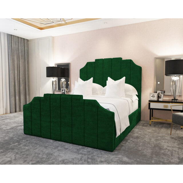 Annalei Regal Velvet Upholstered Bed Frame - Shaped Headboard, Chrome Feet