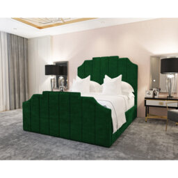 Annalei Regal Velvet Upholstered Bed Frame - Shaped Headboard, Chrome Feet