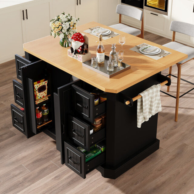 Kitchen Island,Farmhouse Kitchen Island Cart on Wheels,cabinet with 2 Doors & 6 Drawers,Adjustable Width 45-75cm,for Living Room