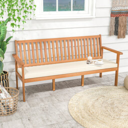 Outdoor Acacia Wood Bench 3-Seat Patio Bench With Removable Seat Cushion