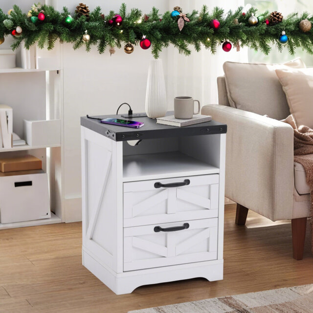 Rustic Farmhouse Nightstand with 2 Drawers & Charging Station, Industrial Bedside Table with USB and Power Outlets for Bedroom Storage