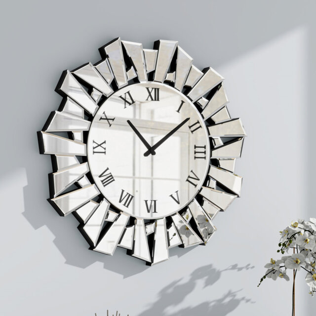 Glass Wall Clock Silent Mirrored Sunburst Accent Clock 60x60cm
