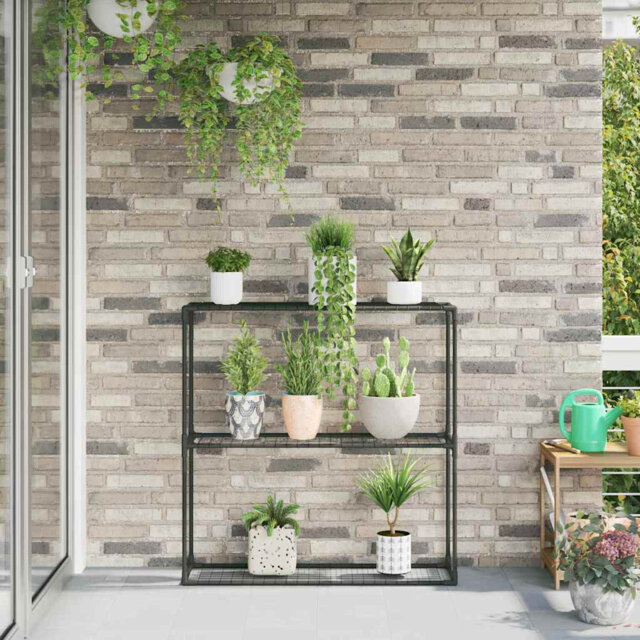 3-Tier Plant Stand With Storage Black Steel Garden Terrace Display