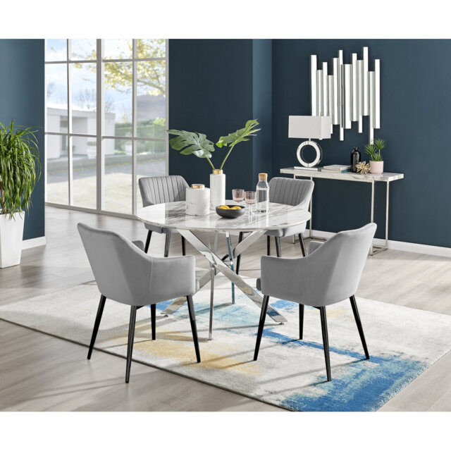 Tierra Modern Chrome Metal & Glass Round Dining Table Set with 6 Upholstered Faux Leather Chairs