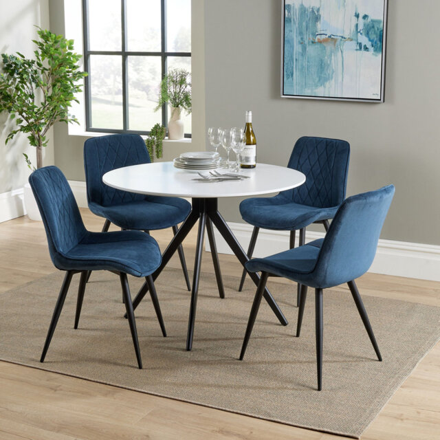 Aspen 5-Piece Casual Dining Set - Large Round Table with 4 Upholstered Diamond Stitch Fabric Chairs