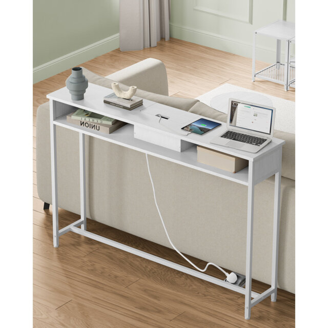 Console Table With Charging Station, Slim Console Table For Hallway, Narrow Table With 2 Compartments, Space-Saving, 25 X 120 X 81 Cm, For Living Room