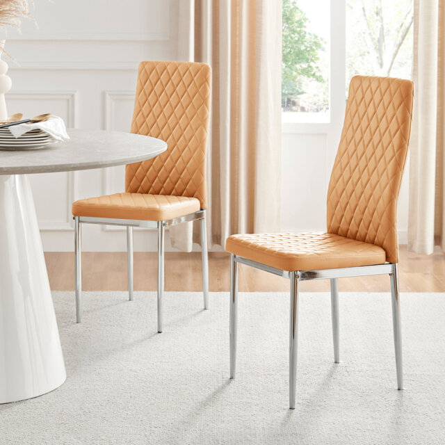 Eubanks Faux Leather Modern Tall Back Dining Chairs with Metal Legs & Diamond Stitching
