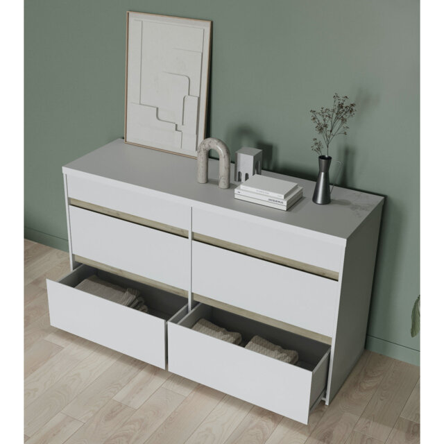 Avery 6 Drawer (3+3) Matt White and Oak Wide Chest of Drawers