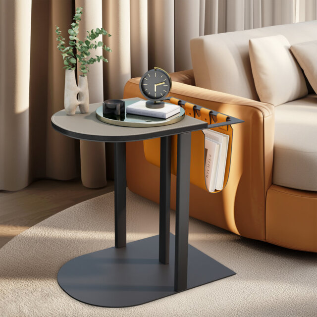 C Shaped Sofa Side End Table Saddle Leather Top Coffee Laptop Table With Magazine Rack For Living Room Bedroom