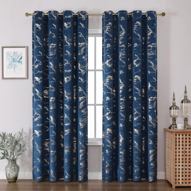 Navy Blue Gold Foiled Curtains Abstract Metallic Marble Printed Drapes,2 Panels W55 x L80 inch