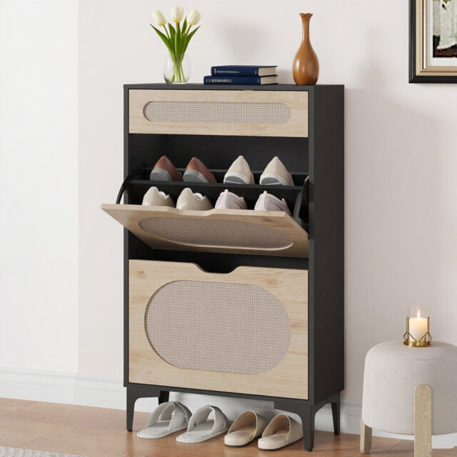 Rattan Shoe Cabinet with 2 Flip Drawers and 1 Pull-Out Drawer, Free Stand Shoe Storage Cabinet, 3 Adjustable Shelf, Narrow Shoe Cabinet for Entryway/P
