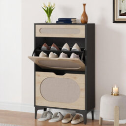 Rattan Shoe Cabinet with 2 Flip Drawers and 1 Pull-Out Drawer, Free Stand Shoe Storage Cabinet, 3 Adjustable Shelf, Narrow Shoe Cabinet for Entryway/P
