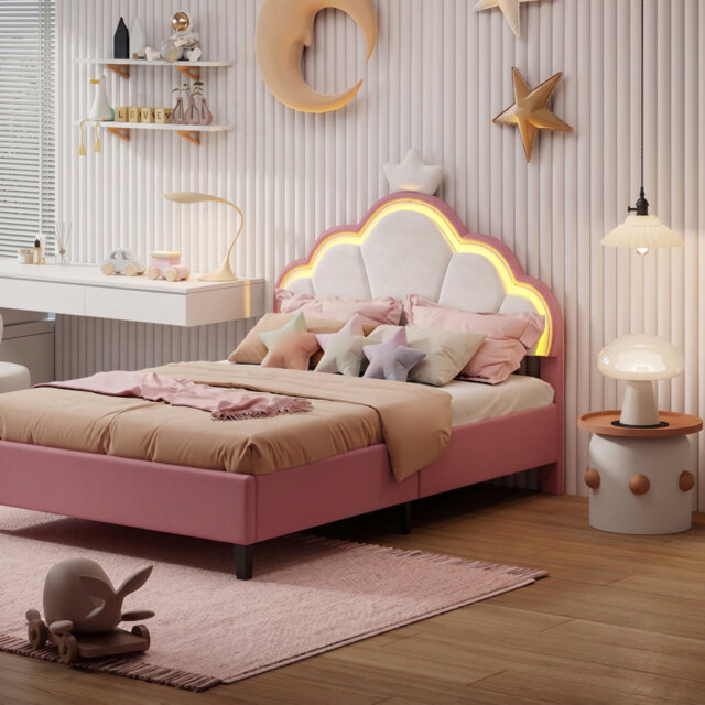 4Ft4 Upholstered Bed, Velvet Princess Bed With Light And Adjustable Crown Shape Headboard, Single Girls Bed Platform Bed With Wood Slats For Children,
