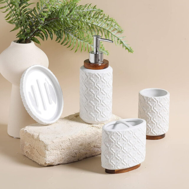 Embossed Ceramic Dark Brown Burnt Wood Bathroom Set (Moroccan Trellis): Soap Dispenser, White Countertop Accessories