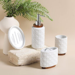 Embossed Ceramic Dark Brown Burnt Wood Bathroom Set (Moroccan Trellis): Soap Dispenser, White Countertop Accessories
