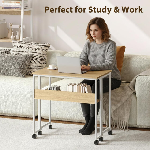 Compact Folding Computer Desk with Storage Shelf – Rolling Portable Table on Wheels – Easy Assembly – Sturdy Iron Frame – Perfect for Small Spaces, Ho