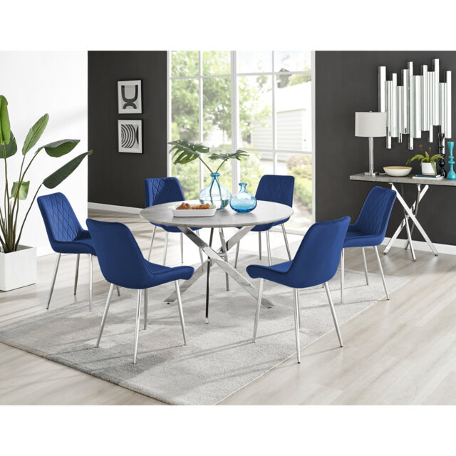 Tierra Modern Chrome Metal & Glass Round Dining Table Set with 6 Luxury Faux Leather Chairs