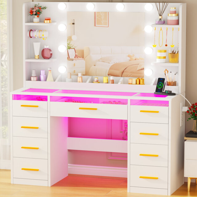 Dressing Table With Led Mirror, 9 Drawers, 2 Usb Ports And Sockets 105Ã40Ã140cm