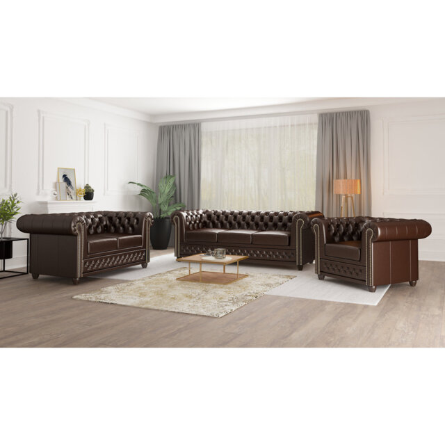 Chesterfield 3 - Piece Living Room Set with Sleeping Function Made of Vegan Leather with Solid Wood Legs