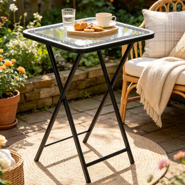 Borjanka Folding Glass Top Side Table Portable Snack Coffee Table Outdoor Garden End Table