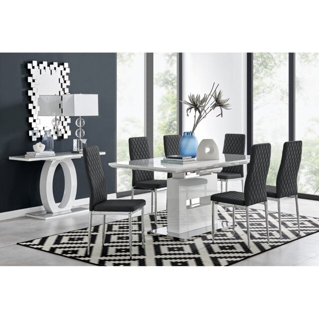 Alezzo Modern High Gloss Extendable Dining Table Set with 6 Quilted Faux Leather Dining Chairs
