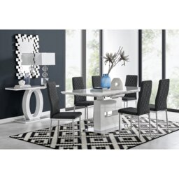 Alezzo Modern High Gloss Extendable Dining Table Set with 6 Quilted Faux Leather Dining Chairs