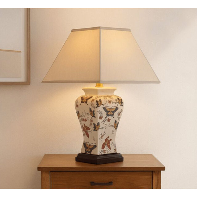 Cream Yellow Butterfly Oriental Chinese Ceramic Porcelain Table Lamp