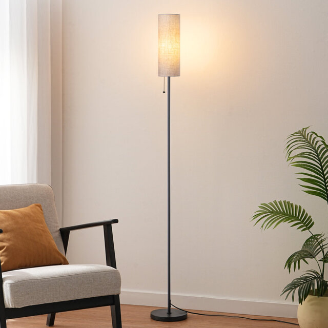 Modern Linen Floor Lamp With Pull Chain, 2700K Warm Led Bulb Included, E27 Base, Black Metal Standing Lamp For Living Room Bedroom