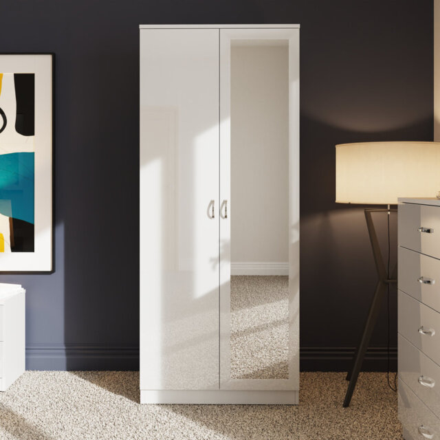 Brendle 2 Door Mirror Wardrobe - High Gloss Finish, Soft Close Doors, Full-Length Mirror, Polished Metal Handles