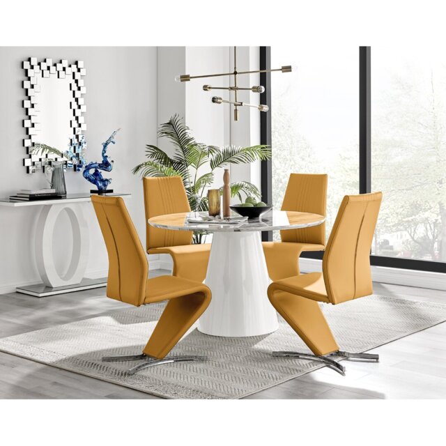 Edzard Statement Round Dining Table Set & 4 Luxury Faux Leather Dining Chairs
