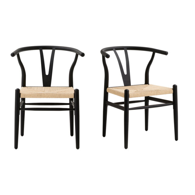 Set Of 2 Chairs - Mid-Century Dining Chairs - Natural Wood Color Frame With Woven Seat